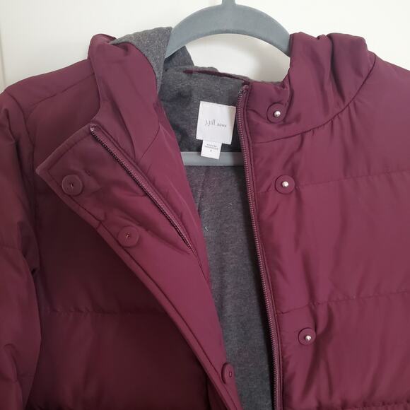 J.Jill Maroon Red Down Puffer Coat Small Hooded Snap Zip Knit Fleece Lined S - Picture 5 of 10